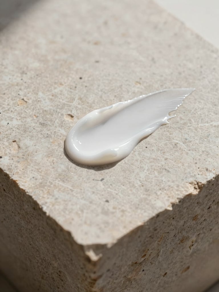 Minimalist composition of a single cosmetic cream swatch on a textured limestone block, soft diffused daylight, gentle shadows, macro lens, editorial style.