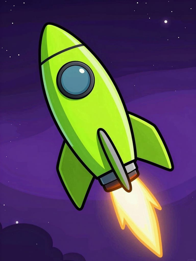 Vector cartoon of a neon green rocket blasting through purple space, thick black outlines, cell-shaded style, high contrast