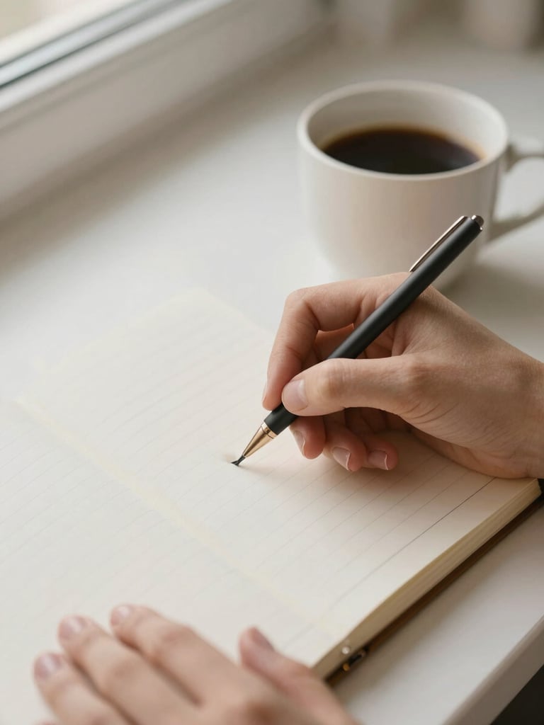 Close-up of hands writing in a paper planner next to a warm cup of coffee, soft diffused morning light, muted champagne and sage tones