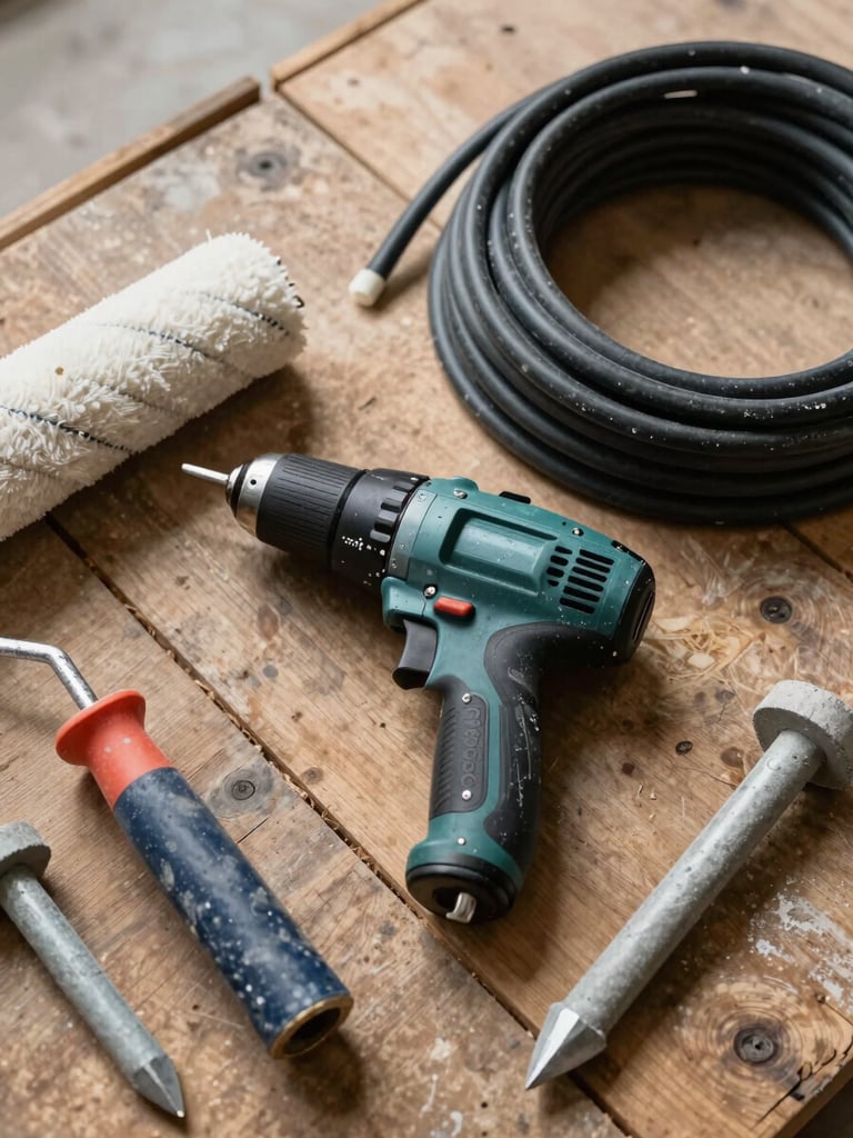 Close-up overhead flat lay on a warehouse floor: a heavy-duty drill, coiled electrical cable, paint roller, and concrete anchors arranged on worn timber planks under even natural light, each item clearly ready for deployment, no styling, honest material detail