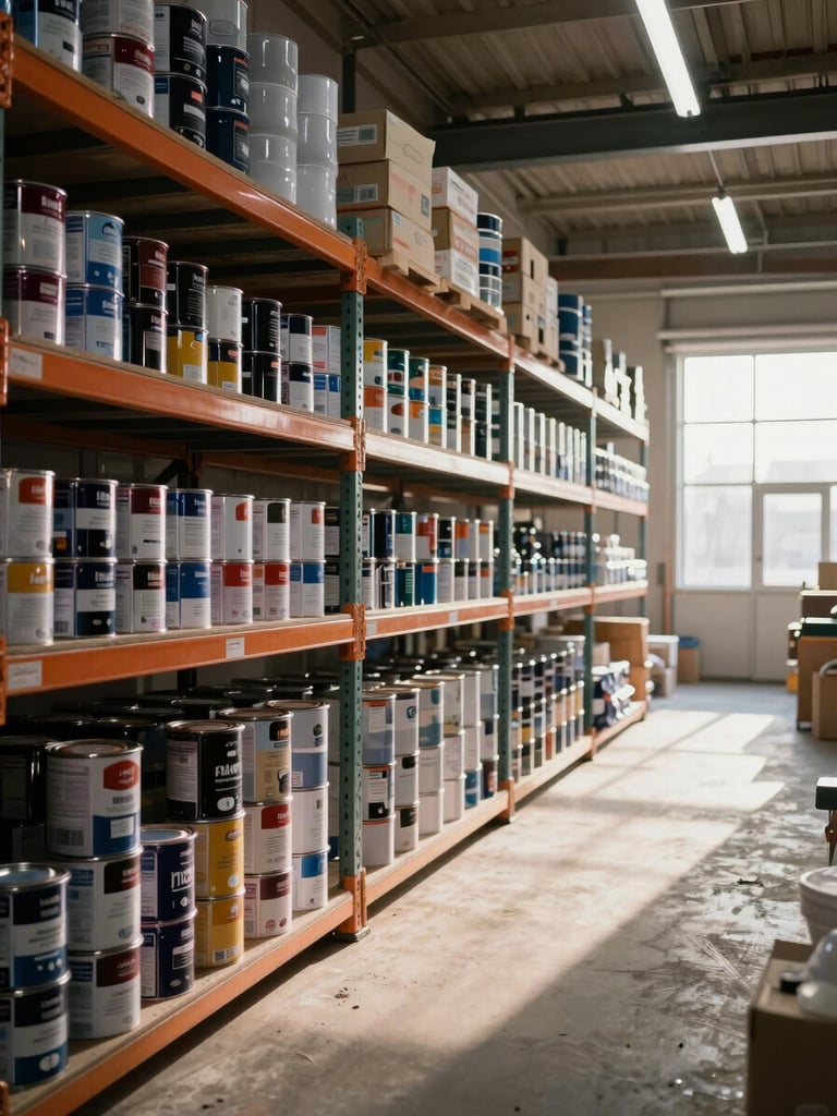 Wide warehouse interior shot from the left side, natural window light streaming in from the right, deep rows of stacked paint cans and construction material on heavy-duty shelving receding into the background, warm concrete floor, honest worksite feel, no people