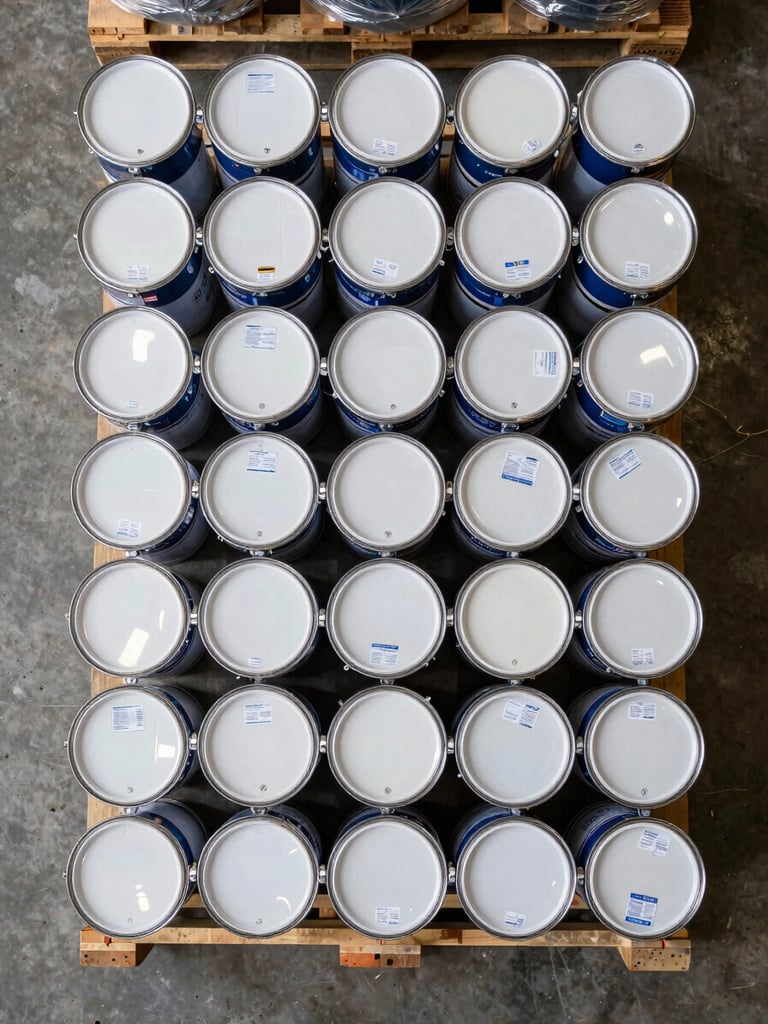 Close overhead flat-lay on a warehouse pallet, stacks of sealed paint drums and shrink-wrapped tool crates photographed from directly above under even warehouse fill-light, origin labels visible on carton faces, concrete floor visible at the edges