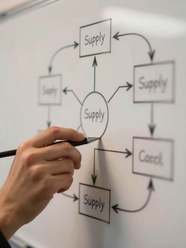 Close-up macro detail of hand-sketched strategic supply chain diagrams on a whiteboard, warm side-lighting, shallow depth of field.