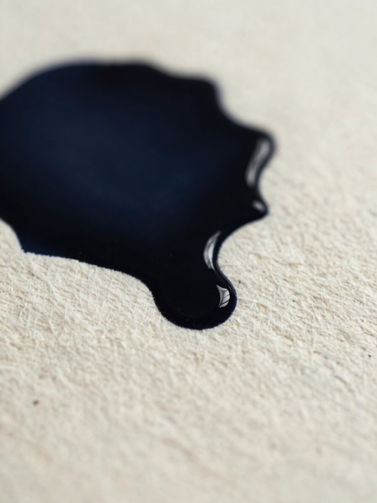 Macro shot of black ink pooling on heavily textured cotton paper, extreme close-up, high-contrast side-lighting