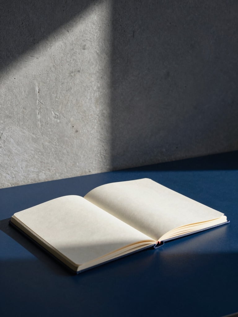 A quiet minimalist workspace with an open notebook, morning side-light casting sharp architectural shadows on a concrete wall