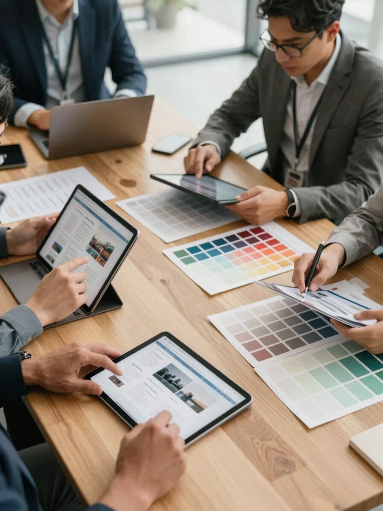 High-angle shot of a modern office meeting, creative professionals analyzing web layouts on tablet screens and physical color swatches on a clean wooden table, bright natural light.