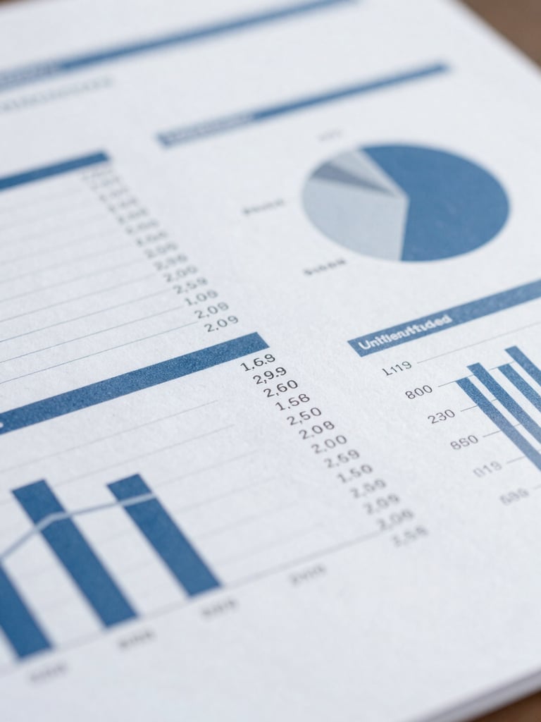 Close-up macro photograph of structured physical financial documents, clean corporate reports with charts, cool professional daylight, sharp focus on technical data.