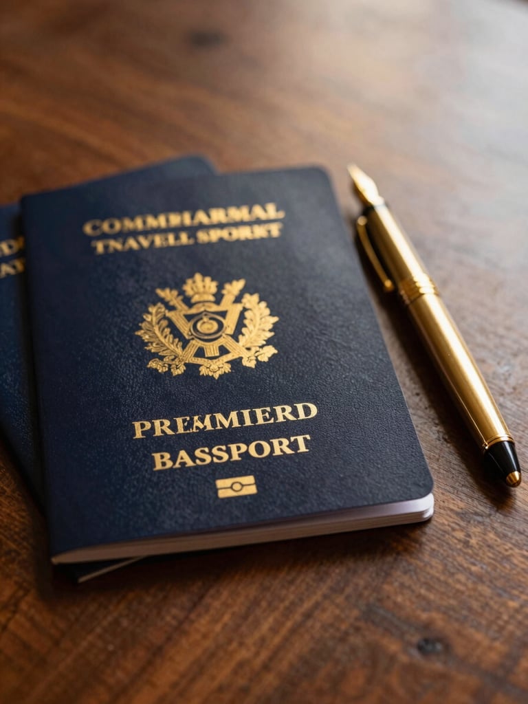A close-up of premium travel documents and a gold fountain pen resting on a dark walnut table, soft warm library light, 35mm