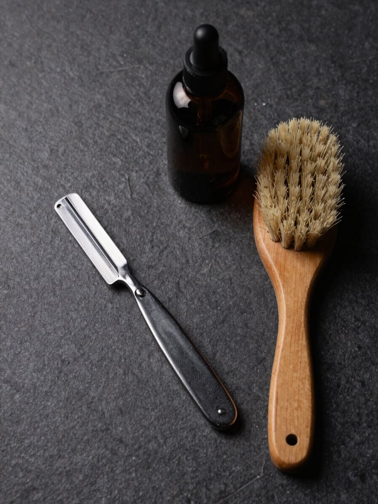 Overhead flatlay of grooming tools — a straight razor, a wood-handled brush, and a dark glass bottle on a matte stone surface, studio strobe lighting, high contrast, minimal negative space