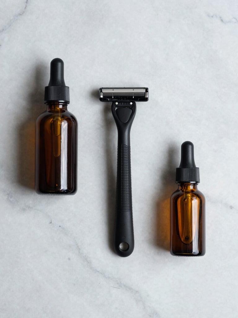 Overhead flatlay of premium grooming products — a dark glass serum bottle, a matte black razor, and a small amber fragrance vial arranged on a cold marble surface under north-facing diffused daylight, minimal negative space, precise editorial composition
