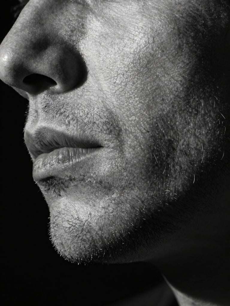 Extreme close-up of a man's jawline and beard texture, dramatic rim lighting from the left casting deep shadow, fine beard hair detail visible against dark studio background, high-contrast monochrome editorial feel