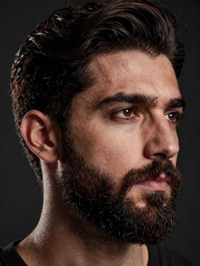 Close-up portrait of a man with precisely groomed dark beard and styled hair, directional studio strobe lighting casting dramatic rim light along jaw and cheekbone, deep dark background, extreme detail on skin texture and beard grain, right-facing three-quarter angle