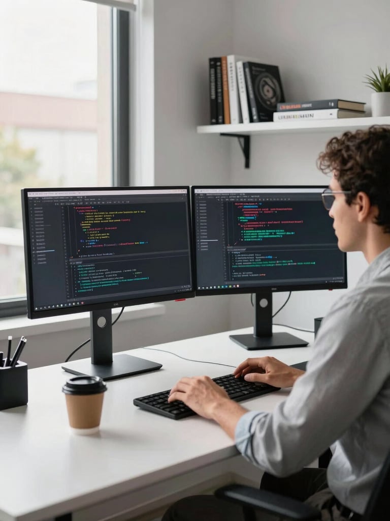 Medium shot of a developer working at a standing desk in a modern Bogotá office, dual monitors showing code editor and database schema side by side, natural daylight from window at left, coffee cup on desk, clean minimalist workspace with technical reference books on shelf