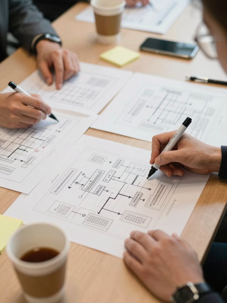 Close-up overhead shot of a planning session on a large conference table, printed process flow diagrams spread across the surface, two pairs of hands annotating with markers under warm office fluorescent light, coffee cups and sticky notes visible at the edges