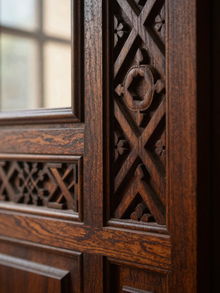 Detailed macro texture of dark polished timber with intricate geometric Malay woodcarvings, warm window light casting soft shadows, elegant editorial framing
