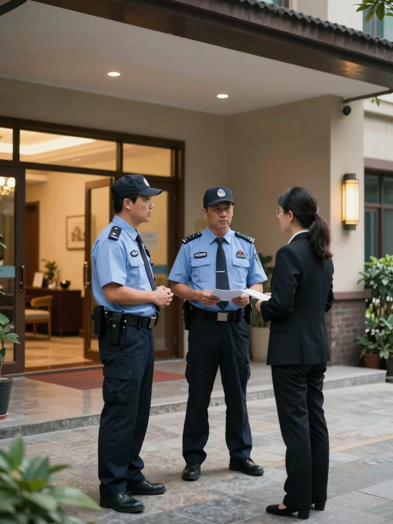 Wide environmental shot inside a residential complex entrance, two security officers in professional attire speaking with a property administrator, warm ambient lighting, calm and collaborative atmosphere, occupied lobby