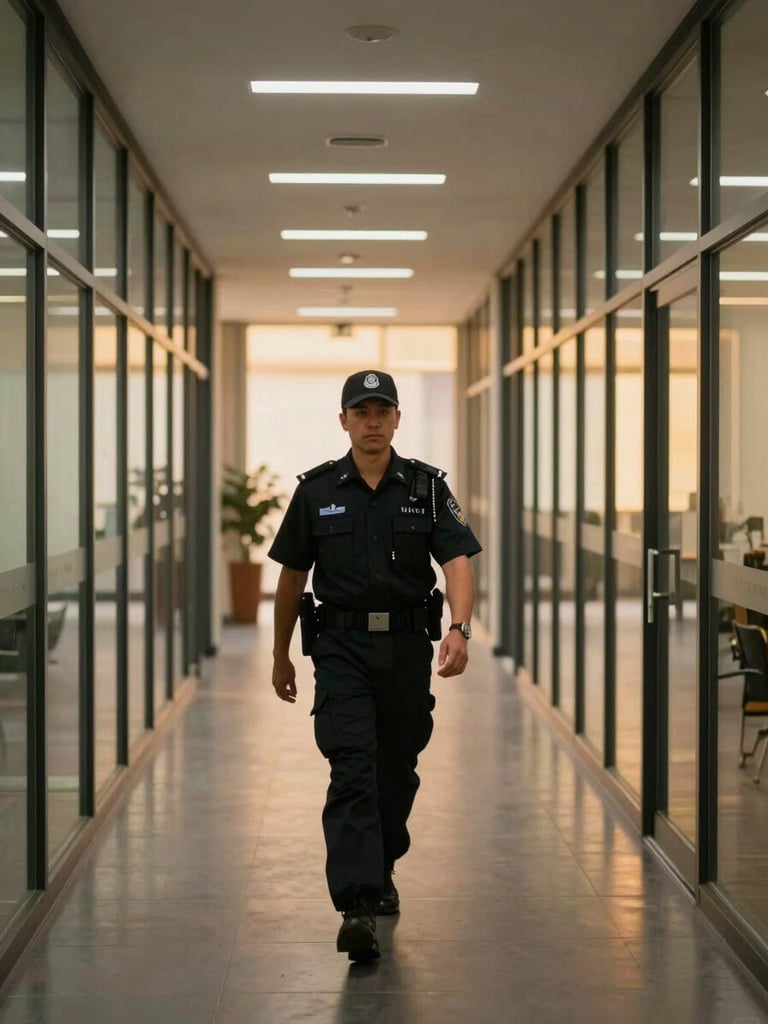 Wide shot of a corporate office building corridor, a uniformed security professional walking a perimeter check under warm task lighting, glass walls reflecting ambient golden light, calm and purposeful atmosphere