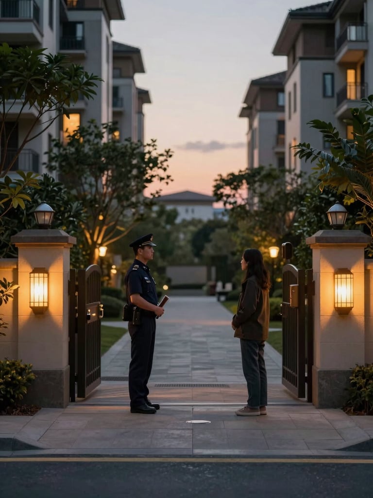 Panoramic entrance of a residential complex at dusk, a guard stationed at the access gate consulting with a resident, warm amber lanterns framing the gate, trees and building facades softly lit in the background