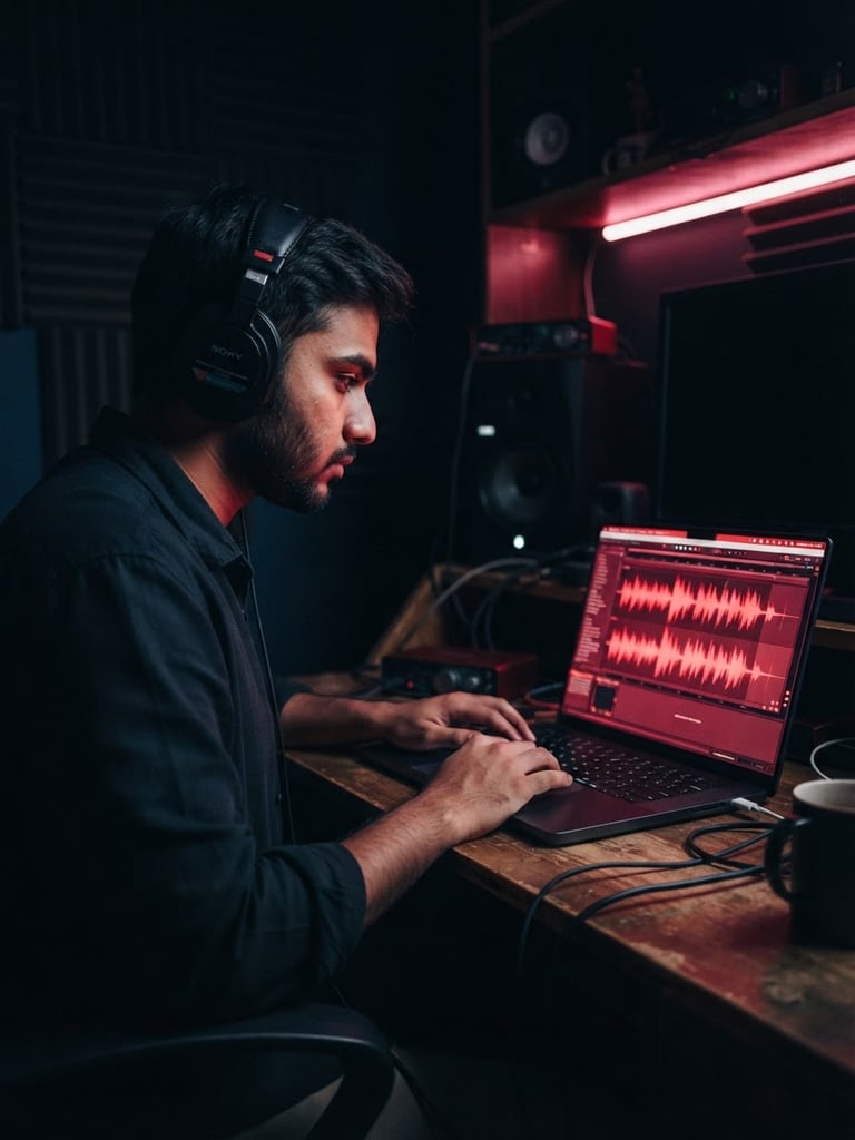 Moody studio photography of a modern Indian creator with headphones, focused on a laptop screen displaying glowing red audio waveforms, deep navy shadows, dramatic crimson neon highlights, cinematic lighting, 35mm lens.