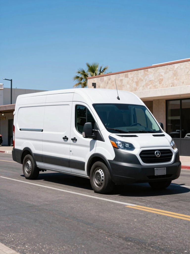 Crisp editorial photo of a modern commercial delivery van parked on a downtown Tucson street during bright daylight, clean blue tones, sharp focus.