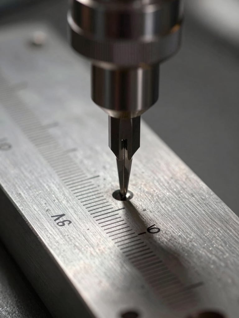 Extreme close-up of a precision gauge needle resting against a measurement scale on a steel fixture, overhead task lighting casting sharp shadows, machined surface texture visible, documentary framing, no people