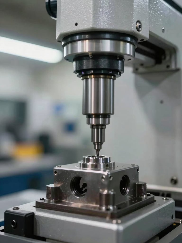 Close-up macro shot of a special purpose machine mid-operation on a factory floor, precision mechanical actuator engaging a steel component under overhead shop-floor task lighting, sharp focus on the tooling interface, industrial environment visible in background
