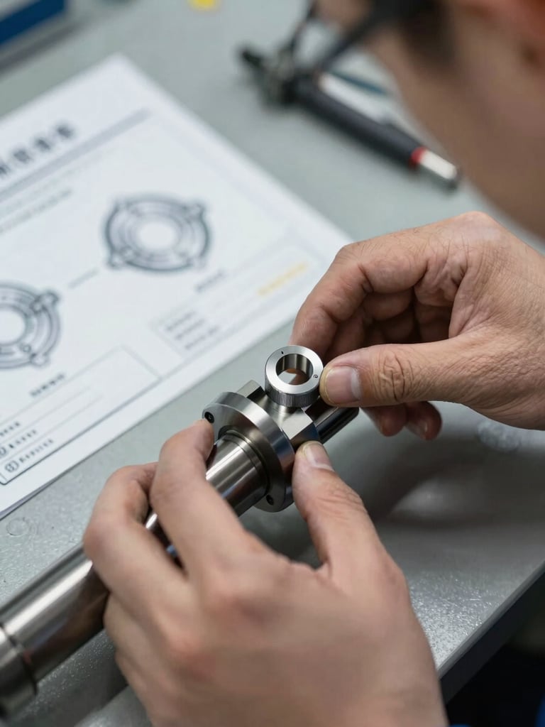 Close-up of a quality engineer's hands placing a precision ring gauge over a machined shaft on a factory workbench, overhead task lighting, measurement certificate and technical drawing visible in the background