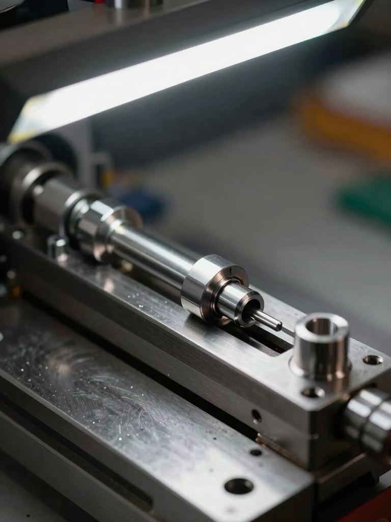 Macro close-up of a Special Purpose Machine component mid-assembly, precision-machined steel parts aligned on a fixture plate under crisp overhead shop-floor task lighting, no hands, no people, documentary framing
