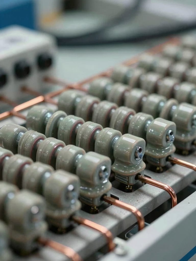 Close-up macro of load bank resistor elements under overhead shop-floor task lighting—ceramic resistor coils in precise rows, copper bus bars and toggle switches in sharp focus, blurred industrial cable trays in background, documentary framing with no staging