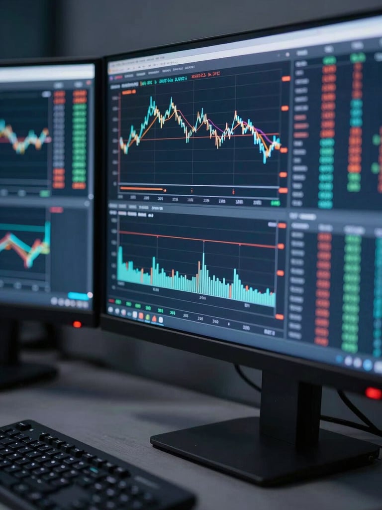 Close-up macro shot of multi-monitor trading desk showing technical charts and data visualizations under cool crisp studio lighting
