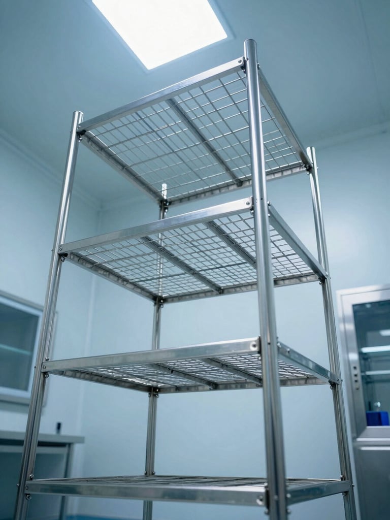 Low-angle perspective of sterile stainless steel pharmaceutical storage racks in a brightly lit cleanroom, cold blue overhead lighting, sharp metallic reflections, no people.