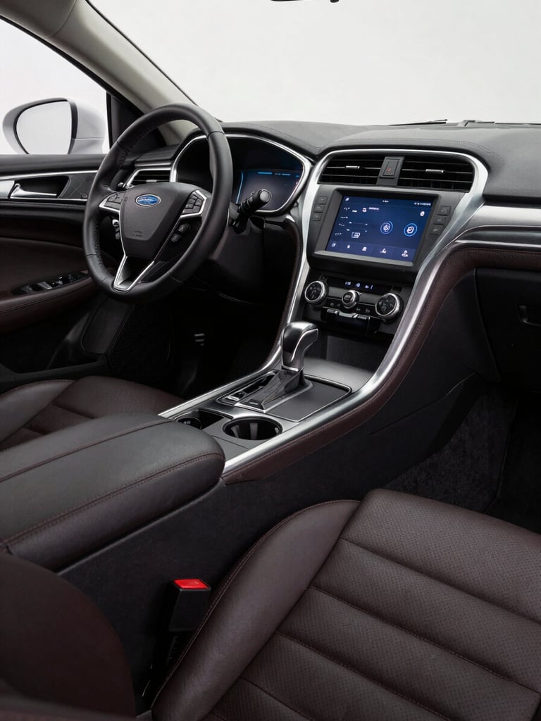 Extreme close-up interior of a white Ford Fusion Hybrid Titanium — immaculate dark leather seats, dashboard display glowing softly, center console in sharp focus, cool studio lighting revealing the quality of materials, no passengers, no driver visible, geometric and precise framing