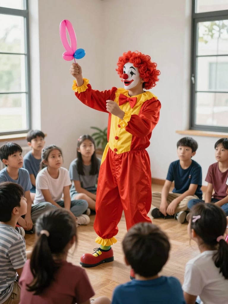 Medium shot of a clown in vivid red-yellow costume performing a balloon-twisting routine for a group of children seated in a circle at an indoor birthday party, children leaning forward with focused attention, natural daylight from side windows, candid documentary framing