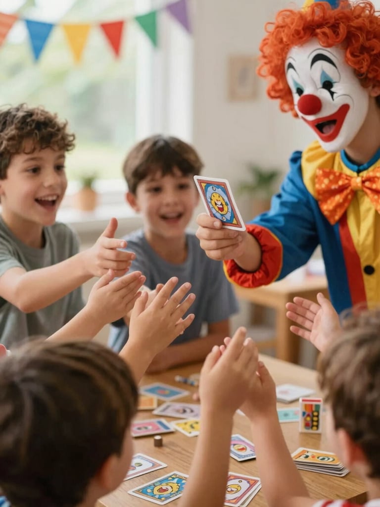 Close-up of children's hands reaching out toward a clown performing a magic card trick at a birthday party, natural indoor venue light, blurred colorful decorations in the background, genuine delight on visible faces