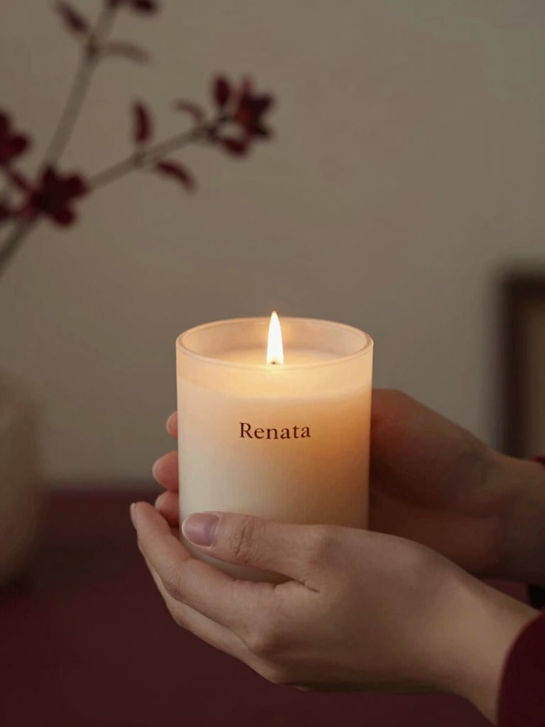 Close-up portrait of hands gently holding a lit Renata candle, soft focus, warm chiaroscuro lighting, botanical sprigs in background, elegant, shallow depth of field, cream and wine red tones.