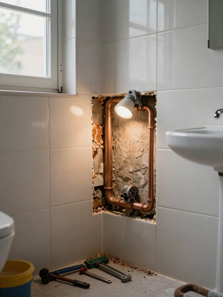 Wide environmental shot of a residential bathroom with the wall partially opened, exposing corroded copper pipe behind the tile, a single work light clamped to a stud casting warm practical illumination across the exposed cavity, tools resting on the floor below, natural daylight from a frosted window blending with the job-site light