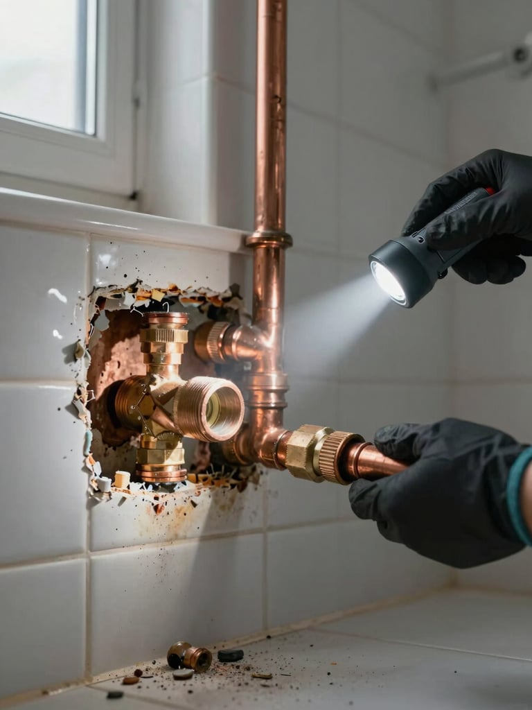 Extreme close-up, wide environmental frame: a residential bathroom wall opened to expose corroded copper pipe fittings, a single gloved hand holding a flashlight aimed at the damage, natural overcast window light mixing with the practical beam, tile debris on the floor in the foreground, honest and unposed