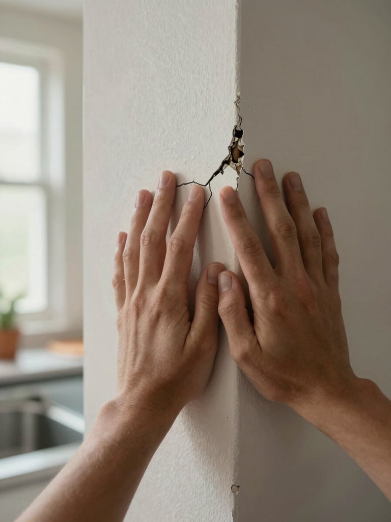 Extreme close-up of a pair of hands pressing against a water-damaged kitchen wall, fingers tracing a crack in the drywall near exposed plumbing, natural window light entering from the left casting an even documentary glow across the textured surface, shallow depth of field with the background room softly out of focus