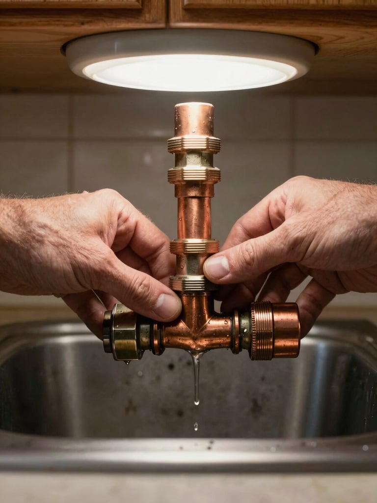 Extreme close-up of a pair of hands inspecting corroded copper pipe fittings under a residential kitchen sink, water stain visible on cabinet wood behind, practical overhead fixture casting honest light, no staging, documentary framing