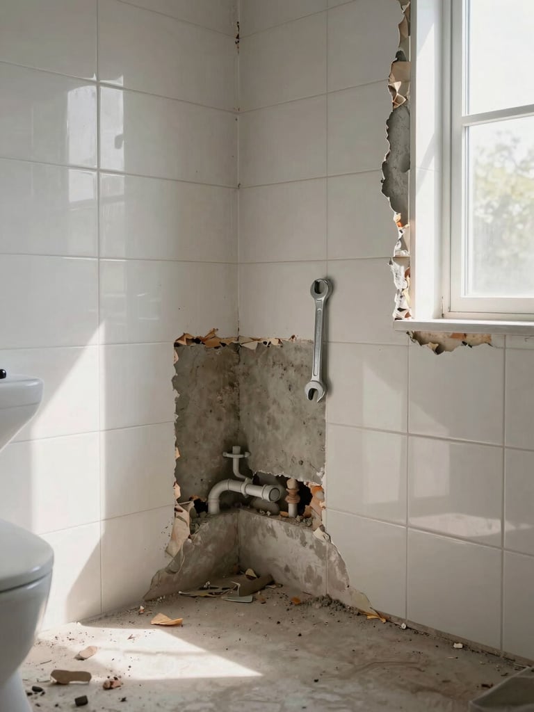 Wide environmental shot of a residential bathroom mid-repair, wall tiles partially removed to reveal the plumbing rough-in, a single wrench resting on the exposed concrete backer, overcast natural light from a side window casting even shadows across the work area
