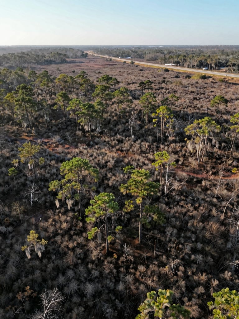 Wide-angle aerial view of a dry pine flatwood parcel in Central Florida, crisp morning light, showing a clear transition from rural scrubland to a structured highway corridor in the far distance.