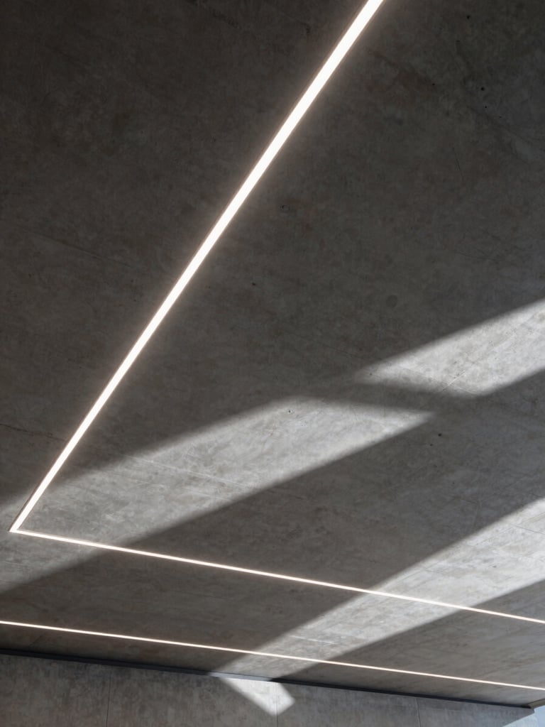 A high-contrast architectural concrete ceiling with precise, sharp linear LED light projections creating dramatic geometric shadows, technical CAD-like layout