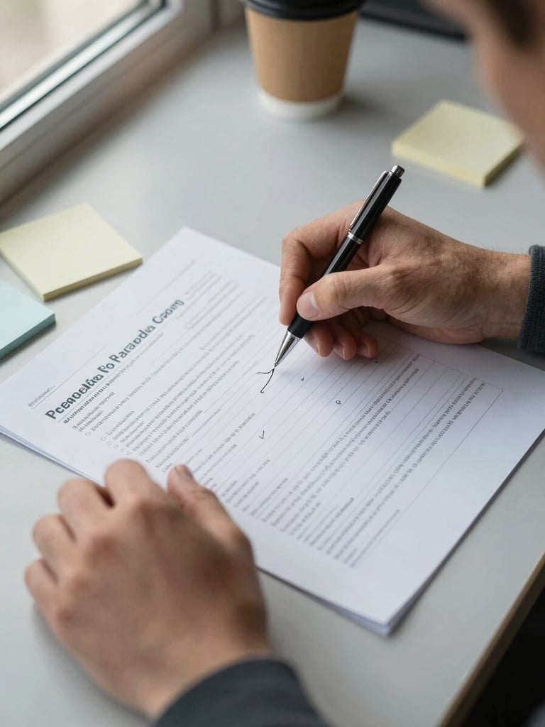 Close-up overhead shot of two sets of hands reviewing a printed process document on a wide desk, one hand holding a pen mid-annotation, natural window light coming from the left, a coffee cup and sticky notes visible at the edge of the frame