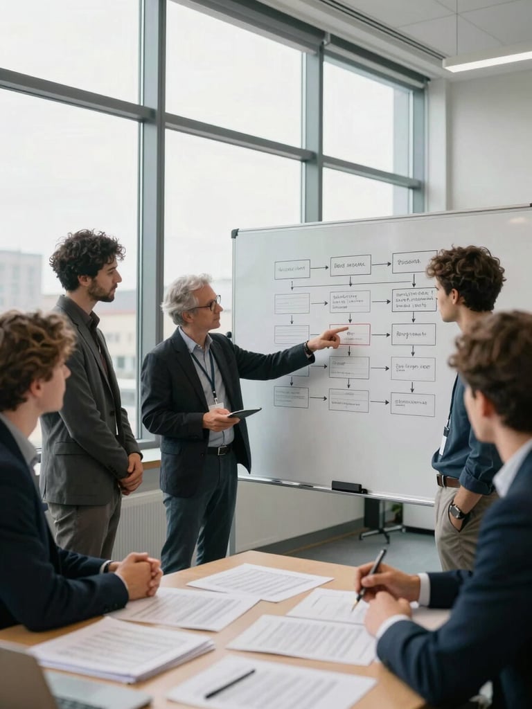 Wide environmental shot of a team gathered around a whiteboard covered in a process flow diagram with labeled boxes and arrows, one person pointing at a specific step, natural daylight from tall office windows, documents spread on a table in the foreground