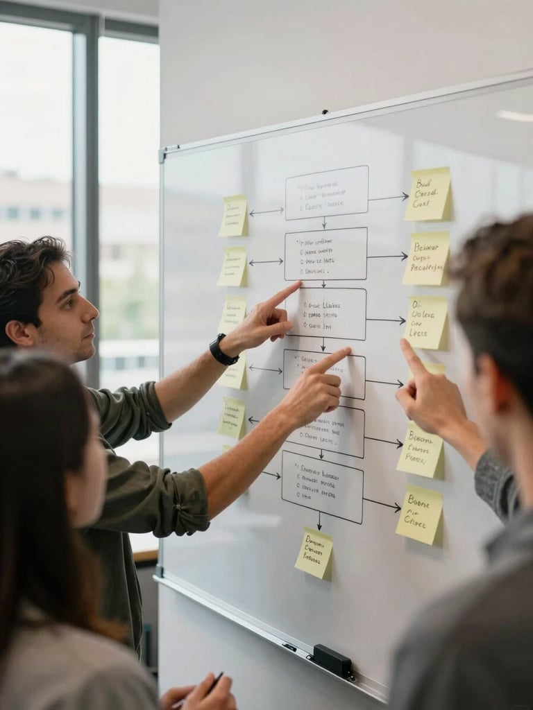 Close environmental shot of a team gathered around a whiteboard covered in a process framework diagram, hands pointing at numbered steps, visible sticky notes with handwritten accountability labels, natural daylight through wide office windows, no posed expressions, purposeful working atmosphere