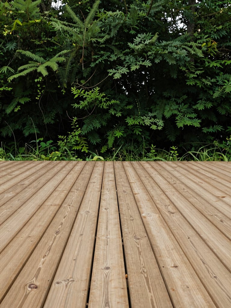 crisp timber decking lines under natural overcast daylight, deep forest green foliage in background
