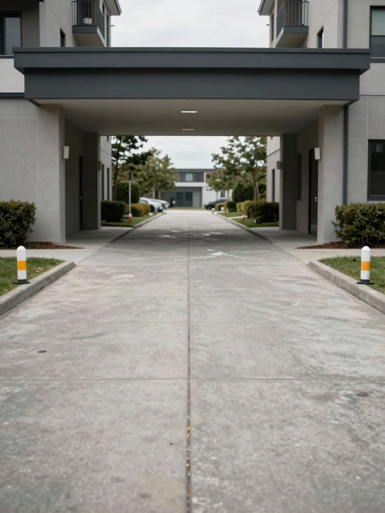 Wide documentary view of a horizontal condominium main entrance pathway, concrete paving stones stretching into middle distance, low boundary markers visible on both sides, overcast natural daylight, no people, shot from pedestrian eye level showing spatial scale and lot demarcation