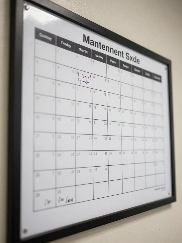 Close-up documentary photograph of a maintenance schedule board posted on a wall at a condominium administration office, printed calendar grid with handwritten annotations visible, practical indoor lighting, no people