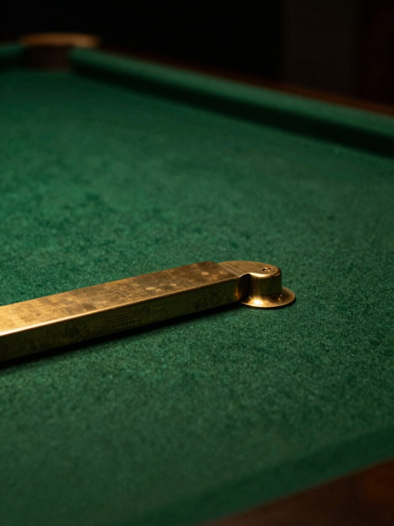 Dramatic close-up of a polished brass pocket corner on a forest green felt table, warm overhead lighting, shallow depth of field, moody editorial style.
