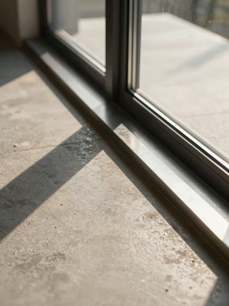 Close-up of a polished concrete floor meeting a steel threshold in a completed high-end interior, warm directional light from a floor-to-ceiling window revealing texture and grain, sharp geometric shadow cutting across the frame
